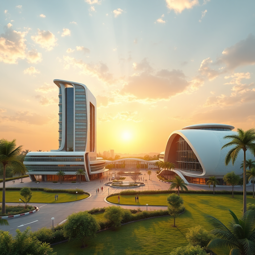 Architectural rendering of a futuristic commercial complex set against the backdrop of the Andhra Pradesh landscape, signifying future growth and progress, 4k resolution.
