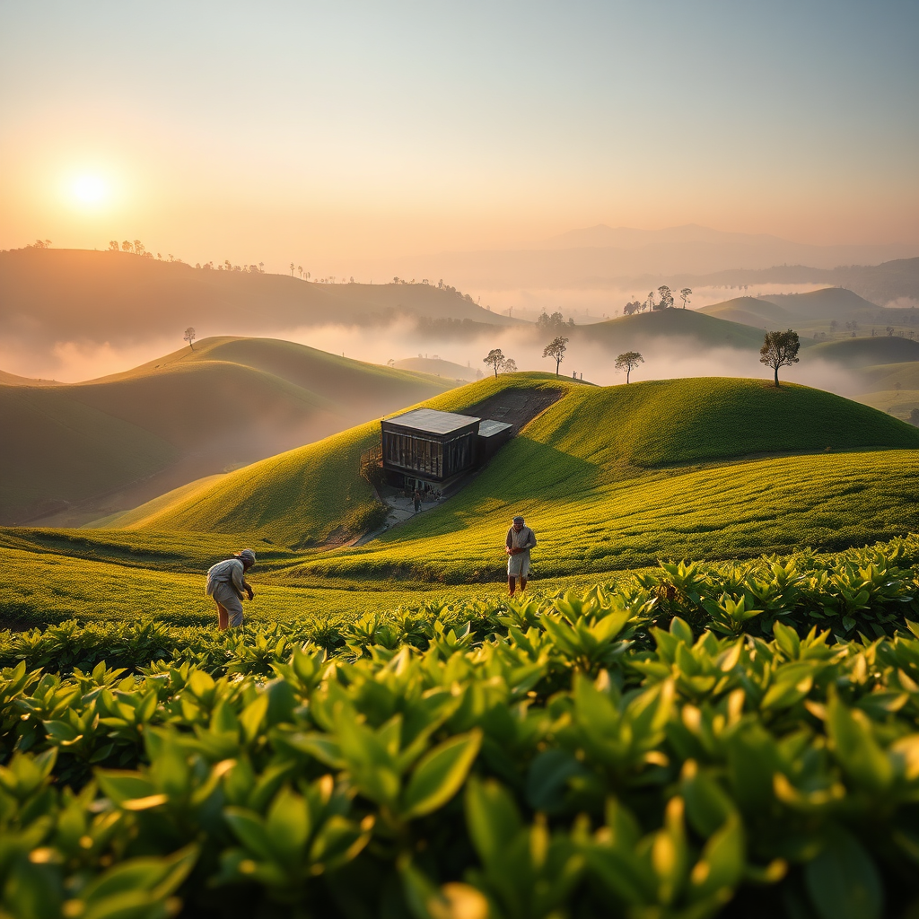 Capture a panoramic view of a lush tea estate in Visakhapatnam, India, at sunrise. Rolling hills covered in vibrant green tea bushes stretch into the distance. In the foreground, skilled tea pluckers, dressed in traditional attire, are carefully harvesting tea leaves. Golden sunlight filters through the morning mist, creating a soft, ethereal glow. A modern tea blending facility with glass walls is subtly visible in the mid-ground, symbolizing TRETEA's blend of tradition and innovation. Focus should be on the rich textures of the tea leaves, the warmth of the sunlight, and the serene atmosphere. Style: Photorealistic, reminiscent of a high-end travel magazine cover. Technical Specs: 8K resolution, hyperrealistic, cinematic lighting, shallow depth of field to emphasize the foreground.
