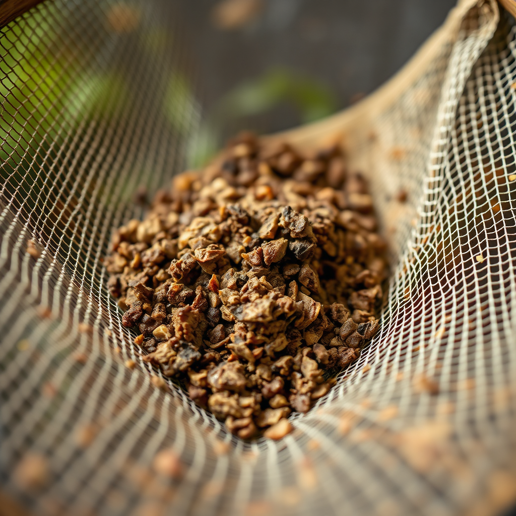 Close-up image of nutrient rich vermicompost being sifted through a mesh screen, highlighting its fine texture and composition. Focus is on showing the richness of the compost. Soft, natural light. 4K resolution.