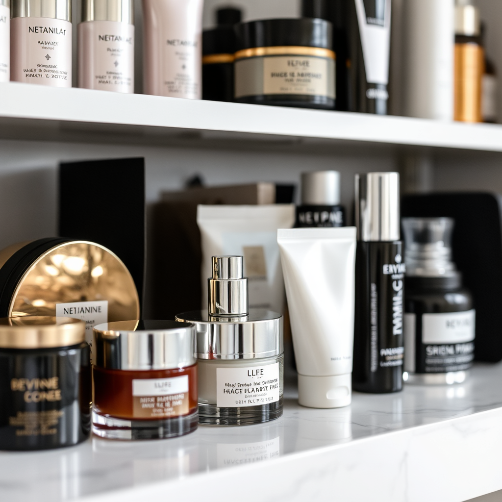 Close-up shot of premium beauty products displayed on a shelf. Focus on elegant packaging and luxurious textures. Soft, natural lighting.