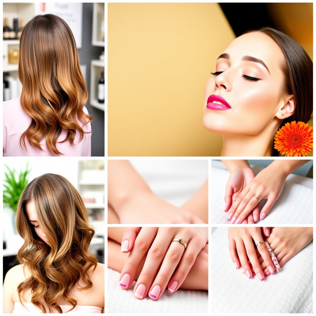 Collage of images showcasing various beauty services offered, including hair styling, facials, manicures, and massages. Bright and vibrant colors, clean and modern aesthetic.