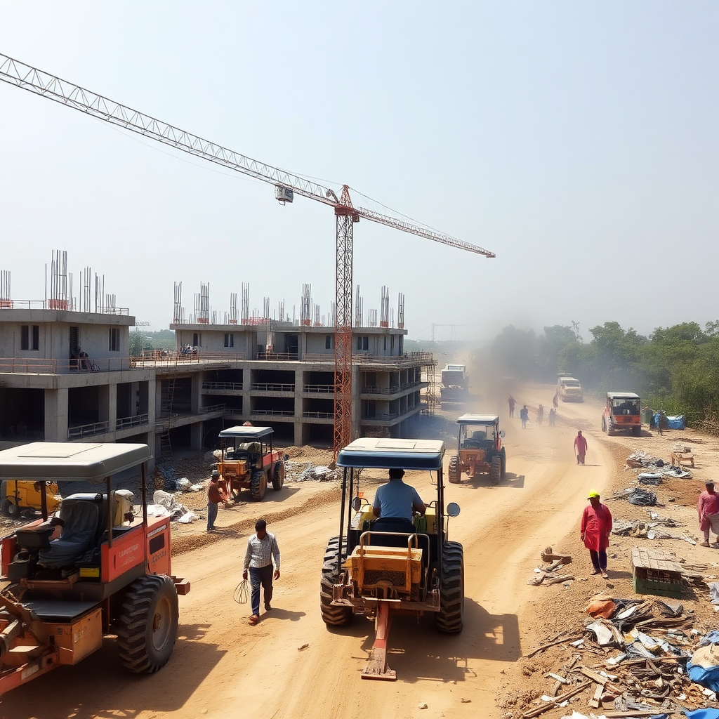 Construction site in Andhra Pradesh, with multiple workers and machinery operating in full swing, showcasing an active project in progress, 4k resolution.