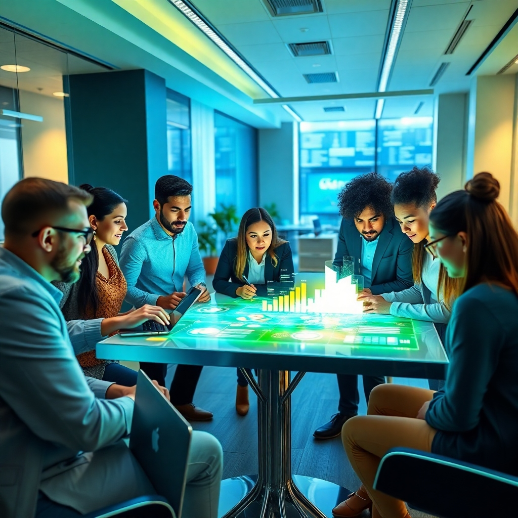 Create a 4K resolution image depicting a diverse team of professionals collaborating around a holographic table displaying marketing data and AI-driven insights. The setting is a modern, brightly lit office space. The color palette is vibrant and optimistic, using shades of blue, green, and yellow. The camera angle is slightly elevated, showing the team's engagement and teamwork.  The style is photorealistic with a slight emphasis on the technological elements (holographic projections, glowing screens). Include relevant props like laptops, smartphones, and data visualization displays.  The image should communicate collaboration, innovation, and the transformative potential of Robo Bayya's technology.