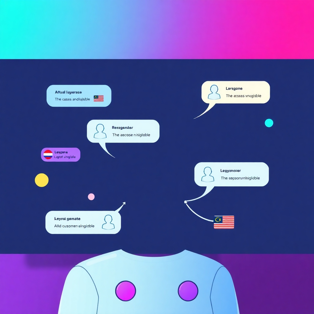 Create a clean, modern image illustrating a virtual assistant responding to customer inquiries in multiple languages, showcasing its speed, accuracy, and efficiency. The image should use vibrant colors and a futuristic design. The style should be friendly and approachable, conveying a sense of efficiency and professionalism.