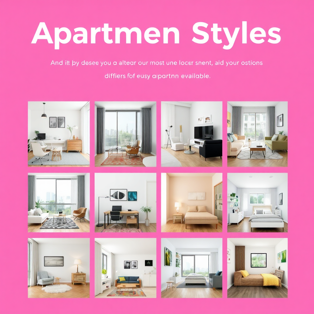 Create a collage of different apartment styles – modern, minimalist, classic, etc. Each style should be represented by a small, high-quality image. The collage should convey the variety of apartment options available. Style: Graphic design.