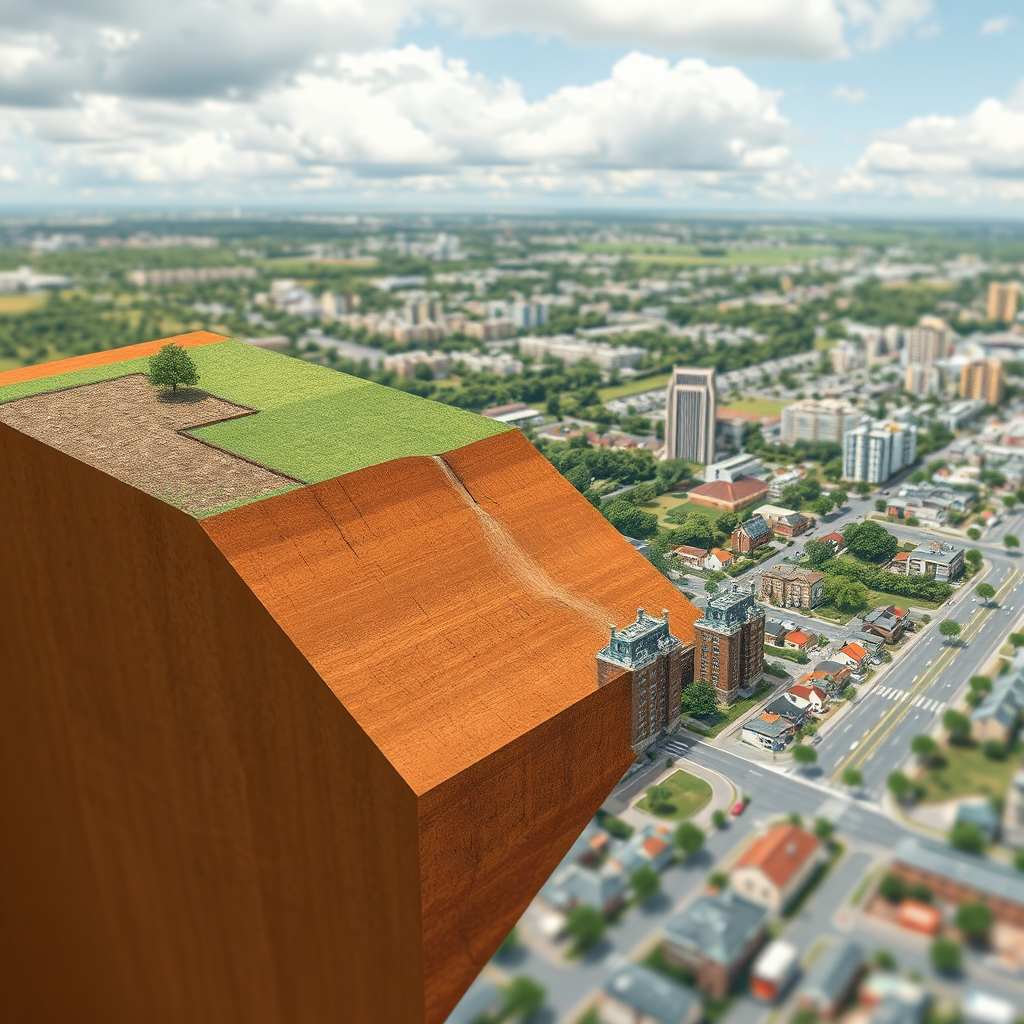 Create a conceptual image that visually represents the complete real estate lifecycle, from raw land to a thriving urban community.