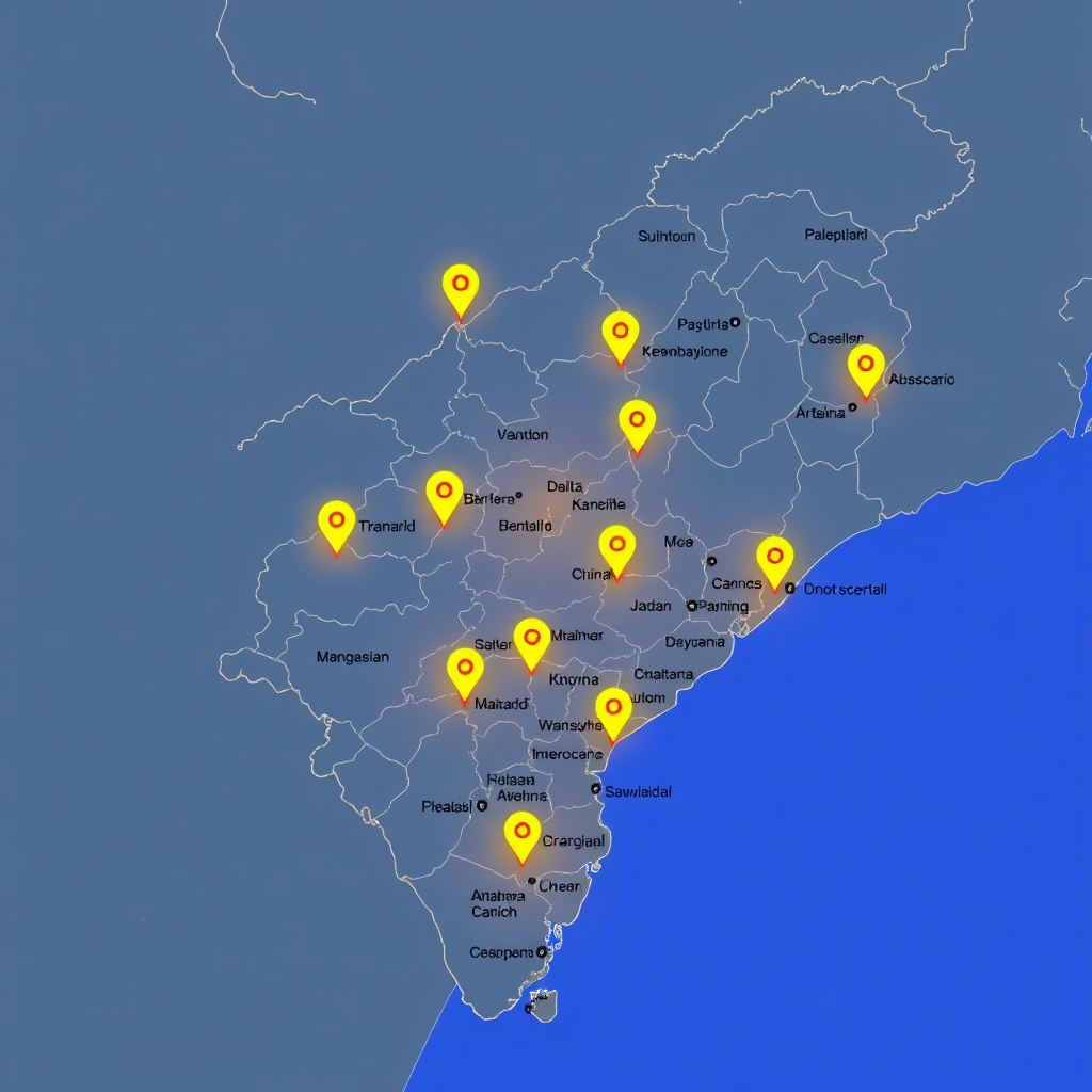 Create a digital illustration of a map of Andhra Pradesh and surrounding states, highlighting key areas with glowing markers representing strategic investment locations. Ensure high resolution and clear visual representation.
