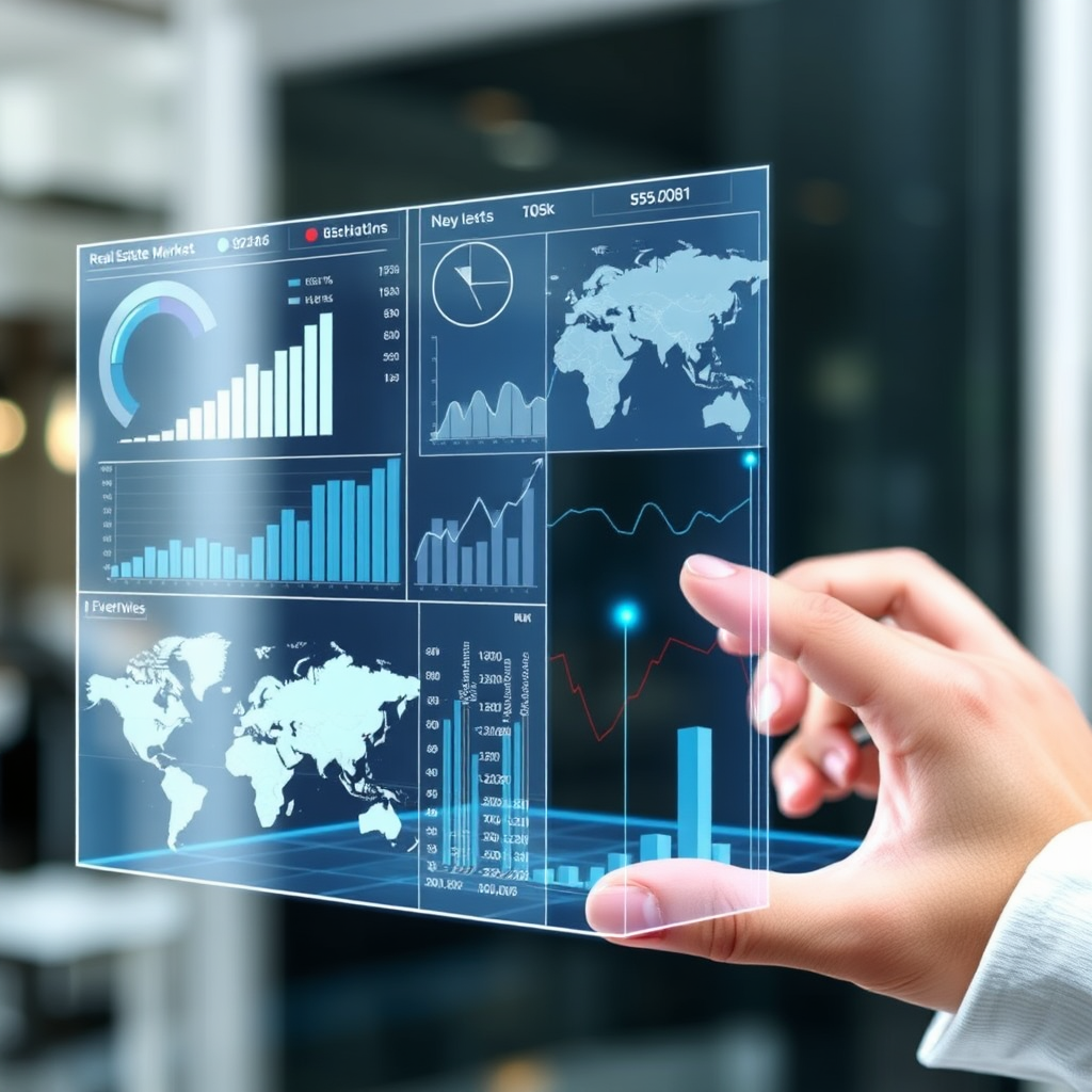 Create a dynamic image showing a holographic display of real estate market data, including charts, graphs, and geographic maps. The scene should convey a sense of innovation and access to advanced analytics.