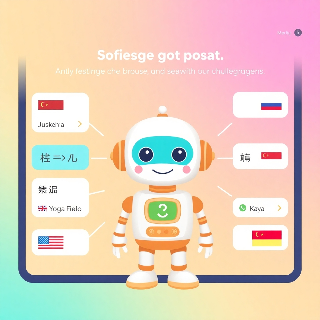 Create a high-resolution image showcasing a friendly chatbot interface available in multiple languages, seamlessly switching between them. The design should be clean and simple, with bright, friendly colors. The chatbot should have a friendly and approachable character design.  The image should evoke a feeling of comfort and efficiency.