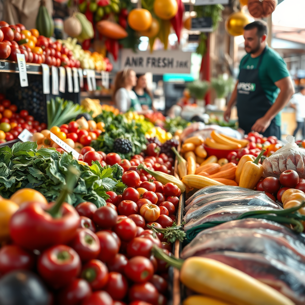 Create a hyperrealistic 8K photograph of a vibrant marketplace scene showcasing ANR FRESH. The composition should be overflowing with colorful, fresh produce, including ripe fruits, crisp vegetables, glistening cuts of fish and chicken, and other grocery items. Focus on highlighting the textures and details of each product, capturing the freshness and quality. The lighting should be bright and natural, mimicking a sunny day. In the background, a friendly vendor (slightly out of focus) is interacting with a customer, emphasizing the personal touch. Include subtle branding elements, such as ANR FRESH logo on aprons or market stalls. The camera angle should be slightly elevated to capture the breadth of the marketplace. Style: blend elements of a traditional farmer's market with a modern online grocery service. This scene aims to evoke feelings of abundance, health, and convenience. Use a shallow depth of field to keep the foreground produce sharp and inviting.