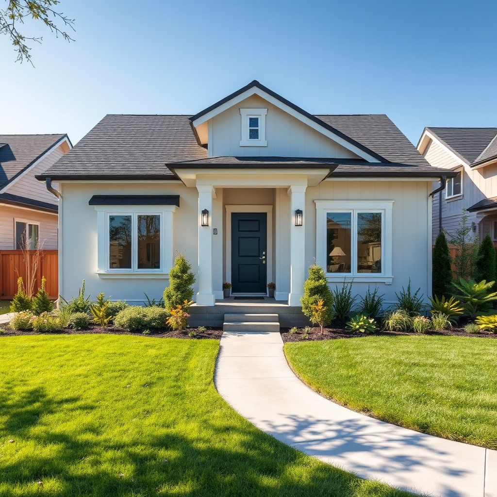 Create a photorealistic image of a modern, independent house with clean architectural lines. The house should be situated in a well-manicured neighborhood with a clear blue sky in the background. The lighting should be bright and welcoming, highlighting the house's features. Include a well-maintained lawn and garden. Style: Architectural photography.