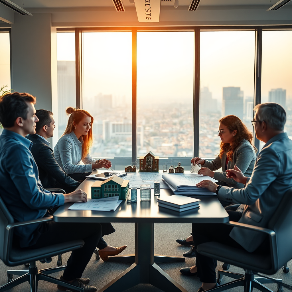 Create a photorealistic image representing the core values of ESTATEX. The scene should feature a diverse team of real estate professionals collaborating around a table, reviewing blueprints and discussing investment strategies. The environment should be a modern, light-filled office with large windows overlooking a cityscape. Include elements like architectural models, charts, and graphs to represent data-driven decision-making. The lighting should be warm and inviting, fostering a sense of trust and collaboration. The color palette should consist of professional blues, greens, and grays with pops of gold to symbolize success. Use a slightly elevated camera angle to capture the entire scene. Add texture details to the office furniture and documents for realism. Style reference: Corporate photography. Technical specs: 4K resolution, high-quality rendering.