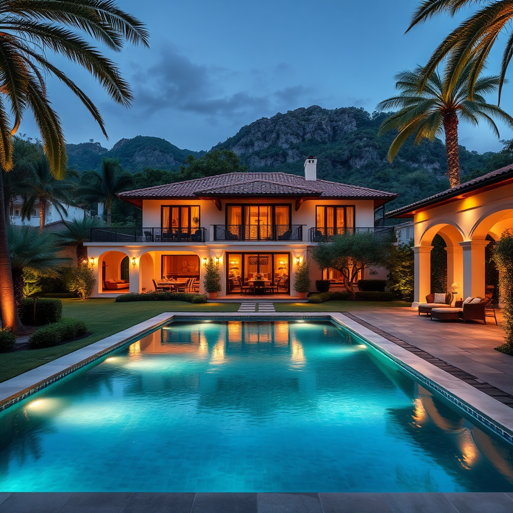 Create a photorealistic image of a luxurious villa with a private pool and lush gardens. The villa should be situated in a serene environment with a mountain view. The lighting should be warm and inviting, highlighting the villa's features. Include elegant outdoor furniture. Style: Luxury real estate photography.