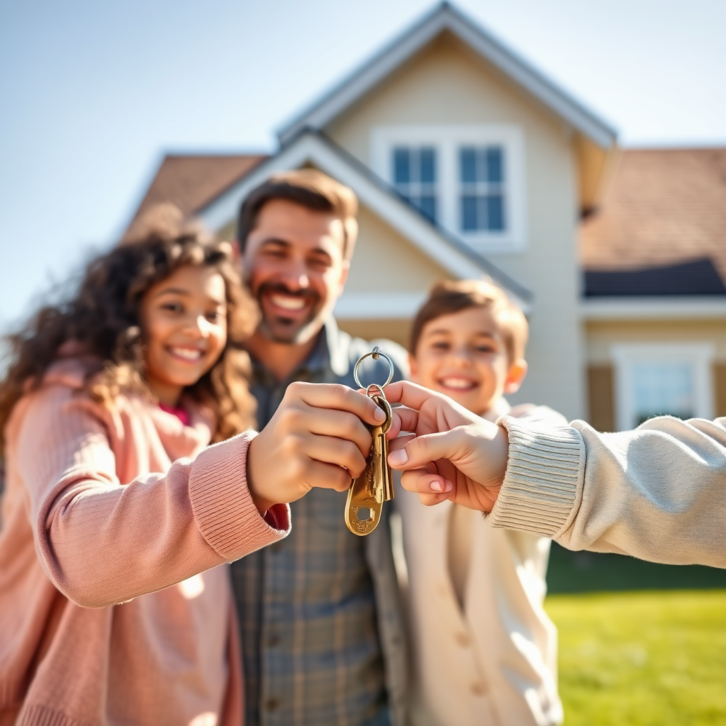 Create a photorealistic image of a family receiving keys to their new independent home. The family should be smiling and excited. The house should be in the background, looking warm and inviting. The lighting should be bright and cheerful. Style: Lifestyle photography.