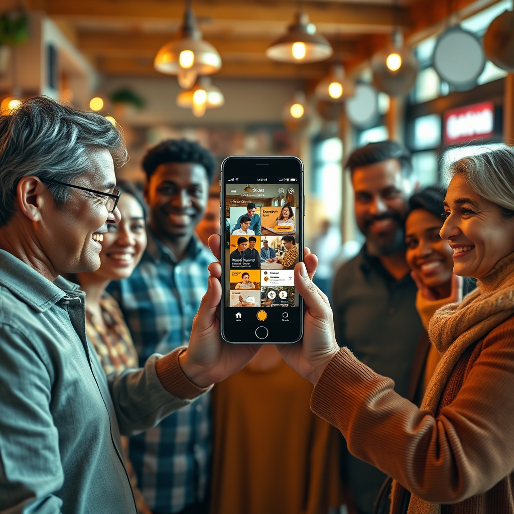 Create a photorealistic image showcasing the essence of 'Find Local Business or services'. The image should feature a friendly, diverse group of local business owners and customers interacting positively. In the center, a glowing smartphone displays the app interface, connecting them all. The background should be a warm, inviting environment, perhaps a bustling town square or a cozy cafe. Use soft, natural lighting to create a sense of community and trust. The color palette should consist of warm, inviting tones like gold, yellow, and earthy greens. The camera angle should be eye-level, fostering a sense of connection. Pay attention to detail in the textures of the clothing, the phone screen, and the surrounding environment. Style: Warm, inviting, and trustworthy. Technical Specs: 4K resolution, high quality.