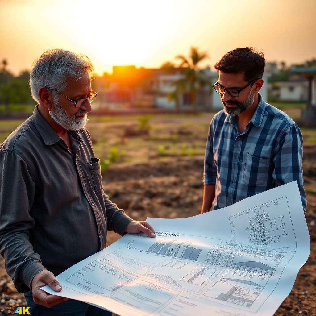 Create a photorealistic image showcasing a seasoned real estate expert (appearing trustworthy and knowledgeable) reviewing blueprints with a satisfied client on a developed plot of land in Andhra Pradesh. The setting sun should cast a warm glow, highlighting the success of the project and the years of experience behind it. The image should be in 4K resolution.