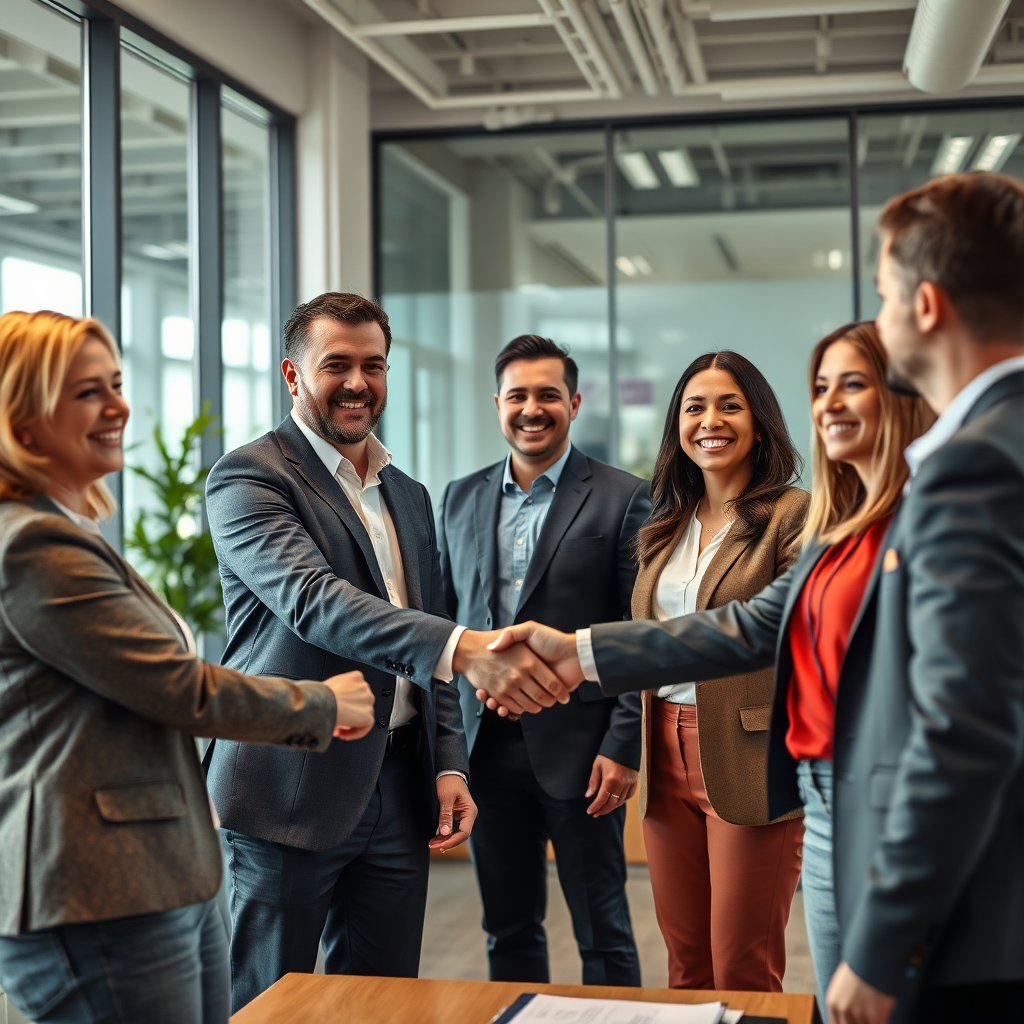Create a photorealistic image showcasing a diverse team of real estate professionals smiling and shaking hands in a modern office setting. The environment should be bright and welcoming, conveying a sense of trust and professionalism. Focus on capturing genuine expressions of teamwork and collaboration.