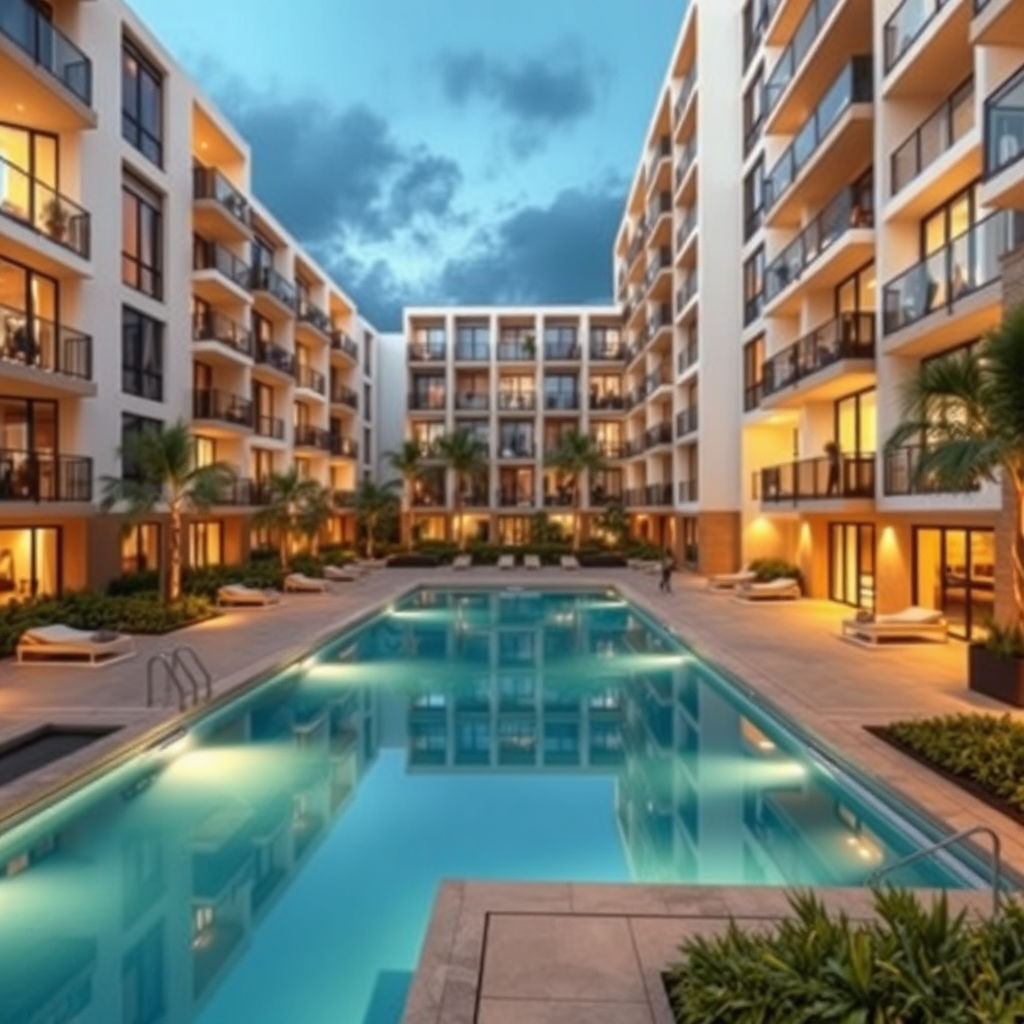 Create a photorealistic image of a luxurious apartment complex with a swimming pool and landscaped gardens. The apartments should have modern balconies overlooking the pool area. The lighting should be warm and inviting, showcasing a relaxing and upscale living environment. Include people enjoying the amenities. Style: Real estate brochure photography.