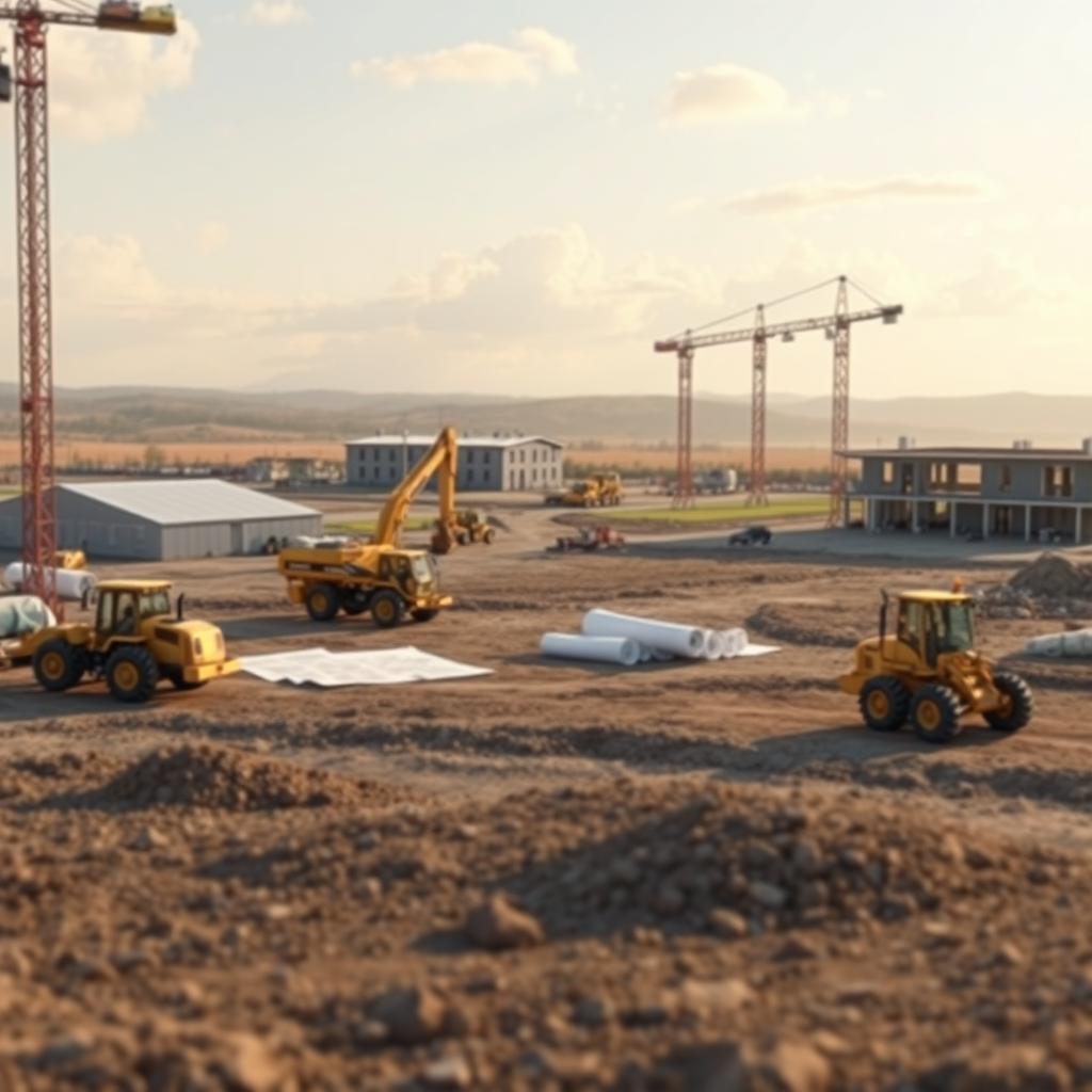 Create a photorealistic image of an open plot being developed with construction equipment and architectural plans. The image should convey progress and potential. The lighting should be bright and optimistic. Style: Construction photography.