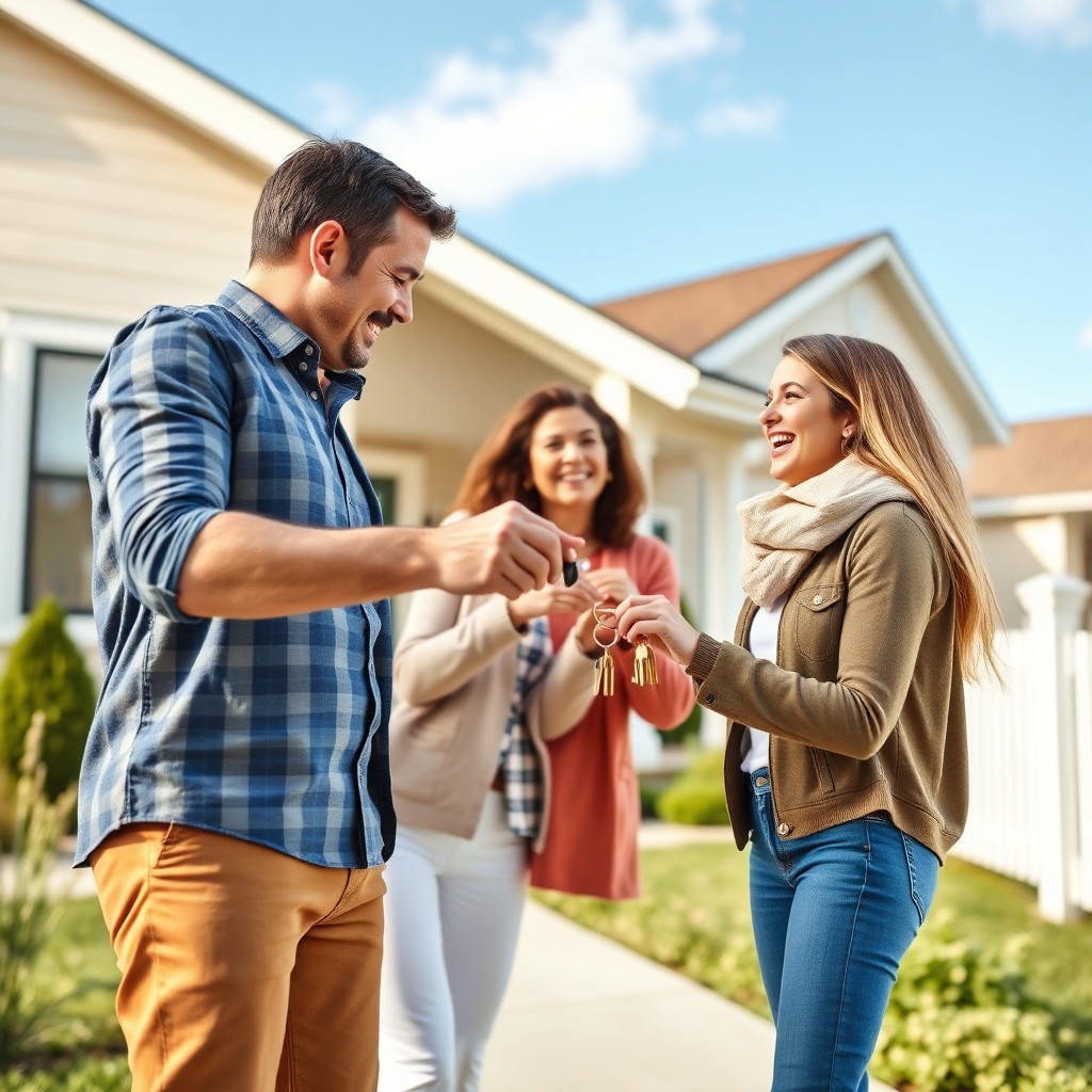 Create a photorealistic image depicting a family receiving keys to their new home from a real estate agent. Capture the joy and excitement of homeownership.