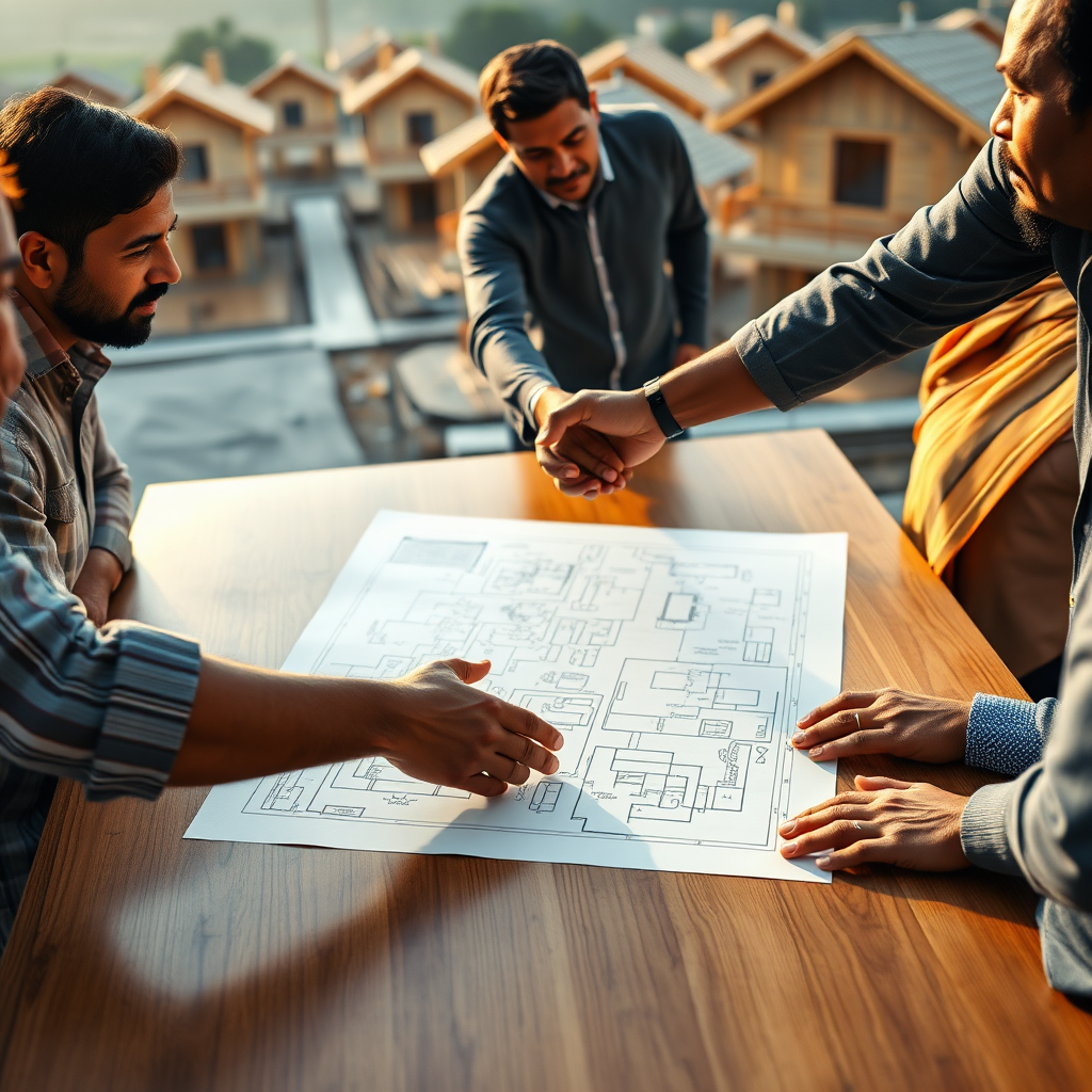 Create a photorealistic image in 4k resolution. The image displays a diverse group of people shaking hands over a set of architectural plans for a housing development. The plans are spread out on a table made of polished wood, reflecting the ambient light. The background shows a well-organized construction site with several homes in varying stages of completion. The lighting is warm and inviting, emphasizing collaboration and trust. Color palette includes earth tones, blues, and greens. The camera angle is a medium shot, focusing on the hands and faces of the people involved. Add subtle details like textures on the plans and the wood grain of the table to enhance realism. The style should reflect a sense of professionalism and community, showcasing the mission of Sri Lakhmi Narasingarao Enterprises.