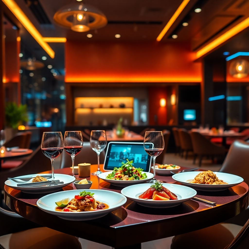 Create a photorealistic, ultra-high-quality 8K resolution image for the header of Tallywood Food Industry's website. The image should depict a vibrant and modern restaurant setting, showcasing both the technological aspect and the delicious food. The scene should be set at night, with warm, inviting lighting highlighting a table elegantly set with dishes featuring innovative cuisine. In the background, subtly showcase the sleek, modern design of the 5th floor NSR Complex in Sujathanagar, Vizag. Include subtle visual cues hinting at AI integration, perhaps a stylish tablet displaying the menu or a futuristic-looking kitchen appliance in the background. The color palette should be rich and sophisticated, using warm tones like deep reds, golds, and browns, accented by cool blues and greens in the background. The camera angle should be slightly elevated, offering a captivating view of the scene. Texture details should be hyperrealistic, from the smooth surfaces of the tableware to the detailed texture of the food. The environment should reflect the upscale, modern ambiance of the restaurant. Relevant props could include wine glasses, sleek cutlery, and modern lighting fixtures. Style references could include images from high-end restaurant photography and modern architectural photography. The overall style should be elegant, sophisticated, and inviting, conveying a sense of luxury and technological advancement.