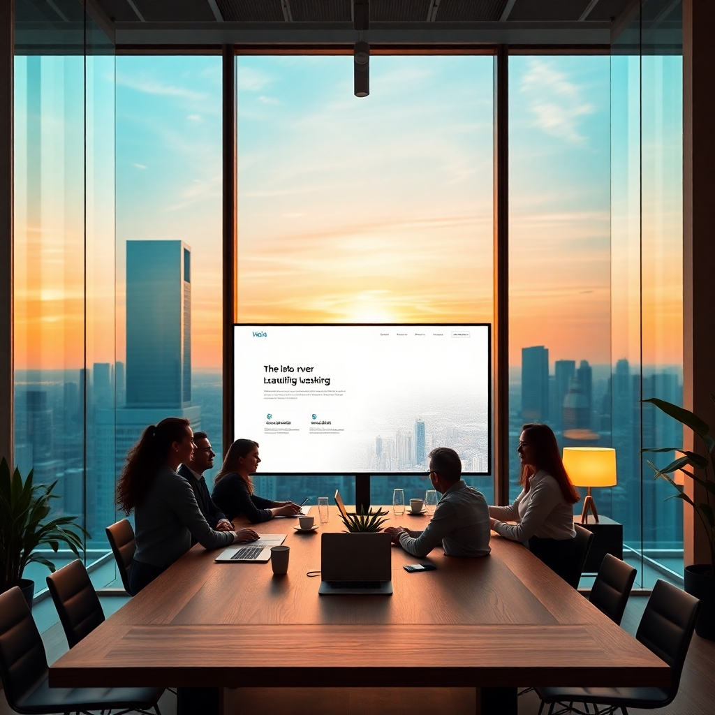 Create a photorealistic, ultra-high-quality 8K resolution image for the hero section of a website.  The image should depict a sleek, modern office space with large windows showcasing a vibrant cityscape at sunset.  In the foreground, a team of diverse, happy professionals collaborates around a large screen displaying a beautifully designed landing page.  The landing page should be clean, visually appealing, and subtly incorporate elements of AI technology, such as subtle glowing lines or abstract data visualizations.  The lighting should be warm and inviting, with soft, natural light streaming in from the windows and complemented by soft, ambient lighting within the office.  The color palette should be sophisticated and modern, featuring calming blues and greens, accented by warm golds and oranges from the sunset. The camera angle should be slightly elevated, offering a dynamic perspective that captures the team's energy and the beautiful landing page on the screen.  Textures should be highly detailed and realistic, showcasing the subtle grain of the wooden desk, the smooth glass of the windows, and the crisp texture of the digital display.  Include relevant props like modern office equipment, plants, and stylish furniture to enhance the overall modern aesthetic.  The style should be reminiscent of high-end technology company websites, aiming for a clean, professional, and aspirational feel.  Focus on creating a hyperrealistic image with exceptional depth and detail to capture the essence of modern web design and AI-powered solutions.