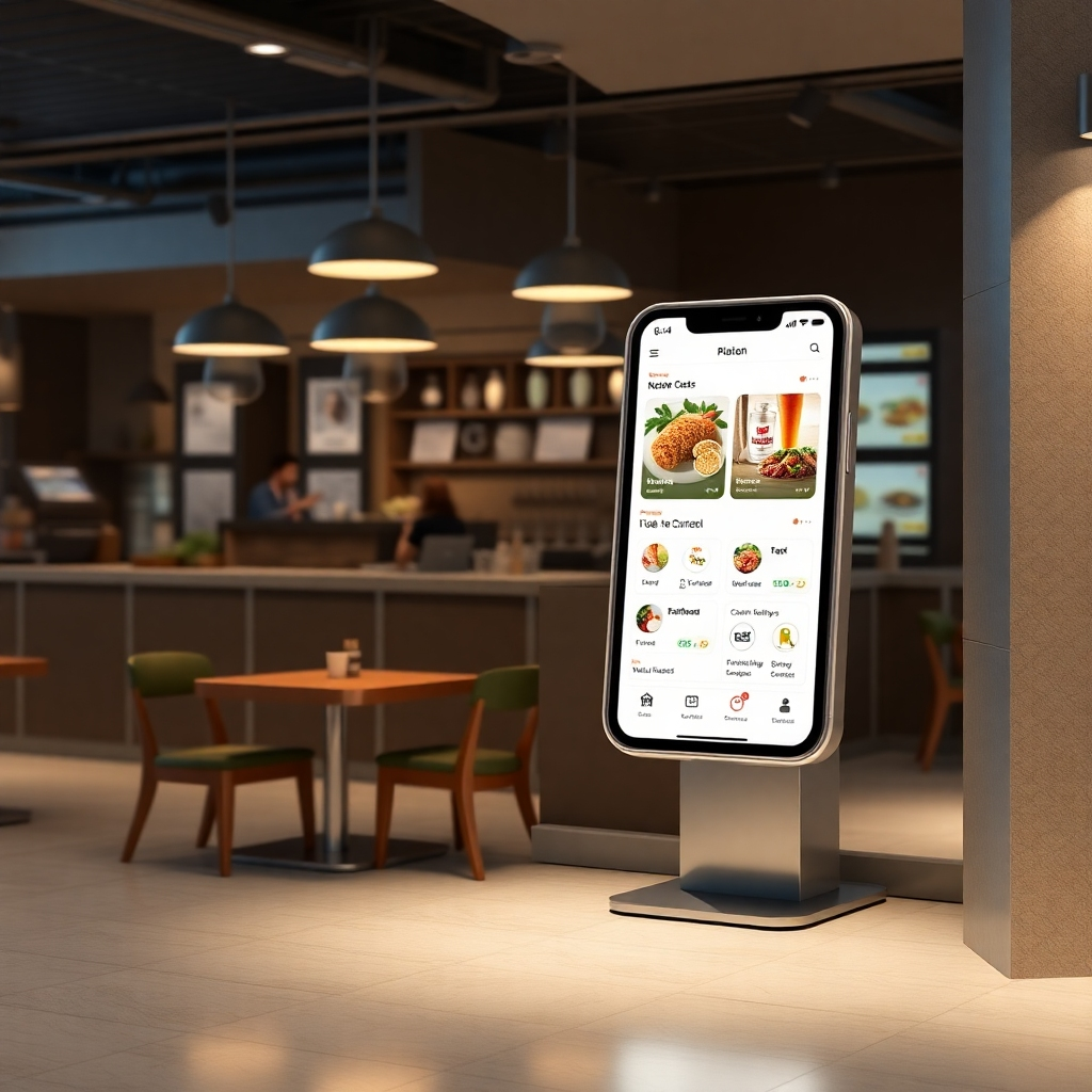 Create a stylish image of a user-friendly app interface or in-restaurant kiosk with clean lines and a simple design showcasing the ease of AI-powered ordering.  Emphasize ease of use and intuitive design.