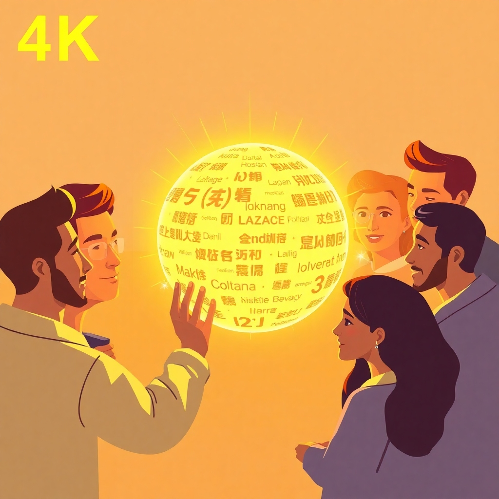 Create a stylized 4K image depicting a diverse group of people connecting through a central AI interface, represented as a glowing orb emitting multilingual text. The color palette should be warm and inviting, with soft oranges, yellows, and golds, and a high contrast. The composition should be dynamic, with the people positioned around the orb, and the light emanating from the interface illuminating their faces. The camera angle should be slightly elevated, highlighting the central interface. The lighting should be warm and inviting, creating a friendly and approachable atmosphere. The style should resemble a modern, slightly abstract illustration. Use minimal background elements to focus on the people and technology.  The technical specs are 4K resolution with a high level of detail and clarity. The final image should convey a sense of global connection and collaboration.