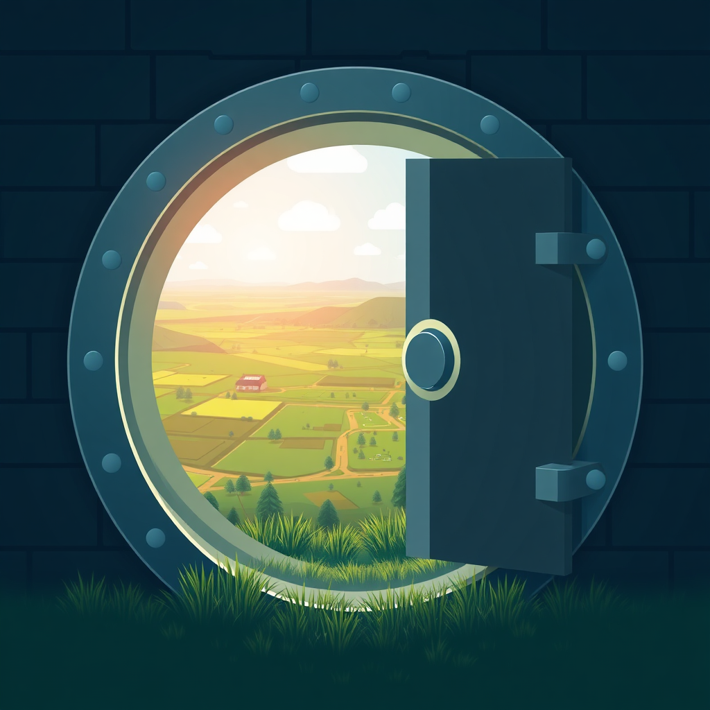 Create a stylized image depicting a secure vault door opening to reveal a landscape filled with plots of land, representing secure and valuable real estate investments. Use a color palette of deep blues and greens to convey trust and stability. The image should be in 4K resolution and evoke a sense of safety and reliability.