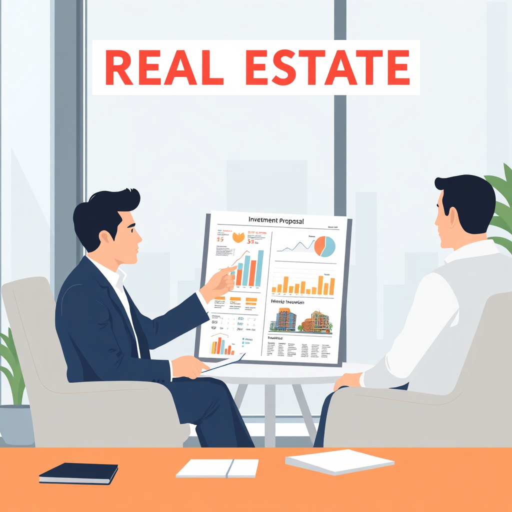 Create a stylized image featuring a real estate advisor presenting a detailed investment proposal to a client in a contemporary office. Use charts, graphs, and architectural renderings to illustrate the potential benefits. Emphasize clarity and professionalism.