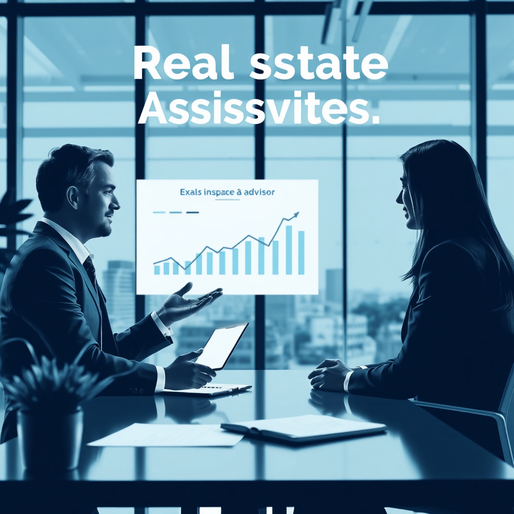 Create a stylized image featuring a real estate advisor providing expert advice to a client in a modern office setting. Use visuals like charts and graphs to illustrate the potential benefits of different investment strategies.