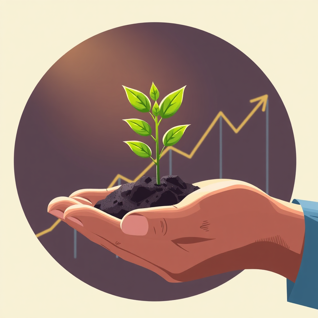 Create a stylized image of a hand holding a miniature open plot with a growing plant. The background should be a graph representing market growth. The lighting should be soft and optimistic, symbolizing investment potential. Style: Graphic illustration.