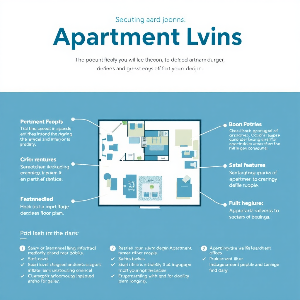 Create a stylized image of an open apartment floor plan with highlighted key features. The image should be clean and informative, highlighting the benefits of apartment living. The lighting should be neutral and professional. Style: Architectural illustration.