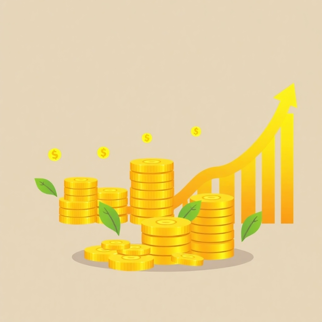 Create a stylized image representing financial growth and wealth. The image should use symbols of success such as stacks of gold coins, money flowing upwards, and a growing graph. The colors should be warm, luxurious and positive, such as golds, yellows and greens. The style should be clean and contemporary, aiming for an aspirational and successful look and feel.