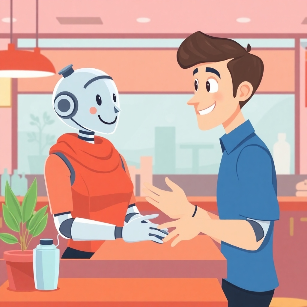 Create a stylized image showing a friendly, helpful AI assistant in an animated, yet realistic form, interacting with a customer at the restaurant.  The design should convey warmth and efficiency. Use a bright color palette and focus on the positive interaction between human and AI.