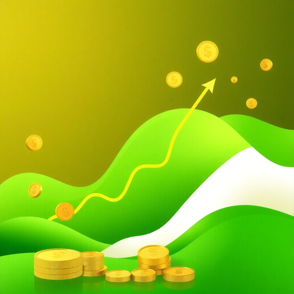 Create an abstract image representing increased revenue and profitability. The image should use symbols of financial success, such as upward-trending graphs, money flowing upwards, and golden coins. The color palette should focus on gold, green, and white, creating a luxurious and positive feeling. The style should be modern and minimal, aiming for a clean and sophisticated look and feel.