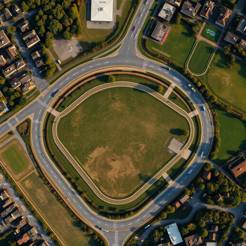 Create an aerial view image of a prime open plot with surrounding infrastructure and amenities, emphasizing its strategic location and potential for development.