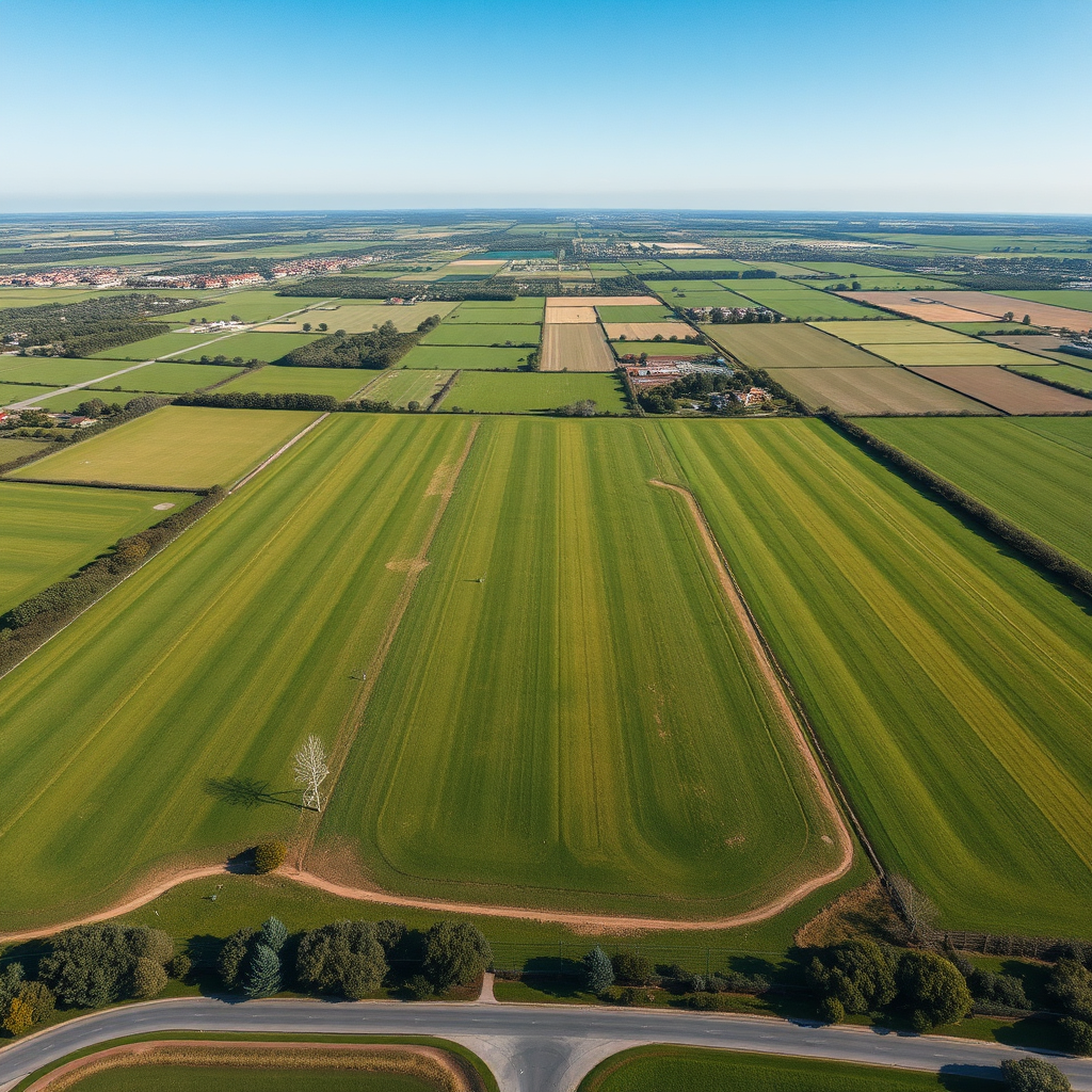 Create an aerial view image of a vast, green open plot with a clear blue sky. Highlight the plot's size and potential with subtle hints of architectural designs.