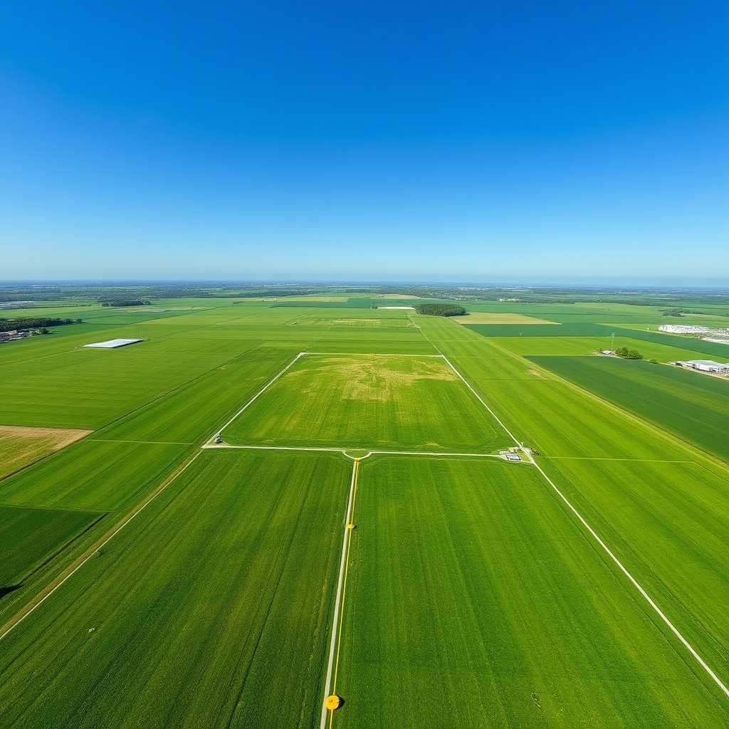 Create an aerial view image showcasing a vast, green open plot under a clear blue sky. Include subtle details like survey markers or potential building outlines to hint at future development.