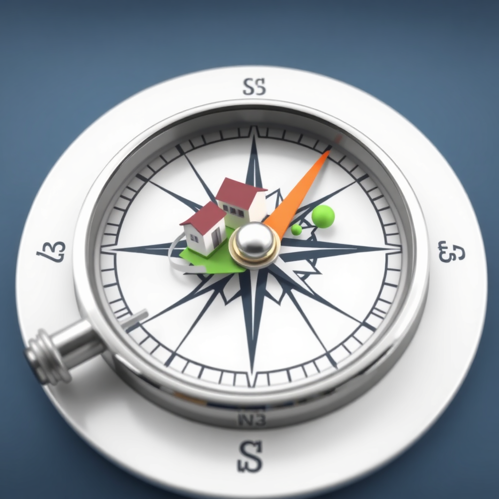 Create an image featuring a compass pointing towards a building or plot of land, symbolizing guidance and direction in the real estate market.
