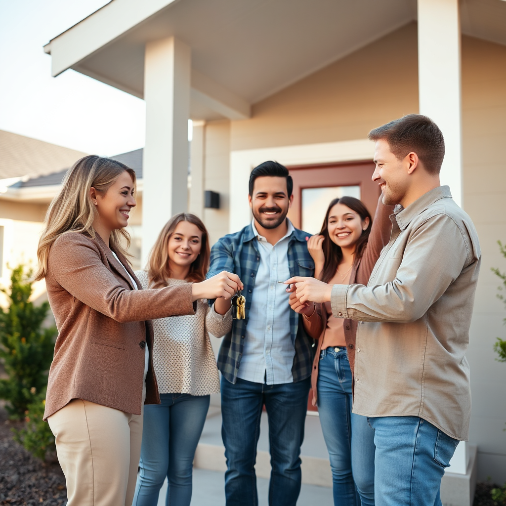 Create an image of a family happily receiving keys to their new house from a friendly real estate agent. The house should look modern and inviting, bathed in sunlight.