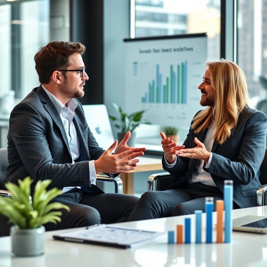 Create an image of a financial advisor discussing investment strategies with a client in a modern office setting. Use charts and graphs to visualize potential growth.