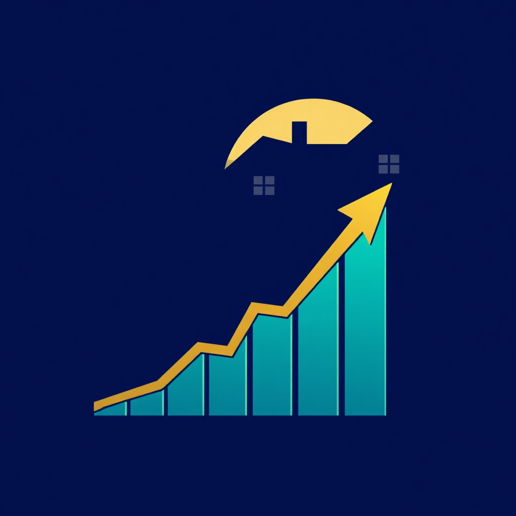 Create an image of a graph showing upward growth with a property silhouette in the background, symbolizing real estate investment. Style: Financial illustration.