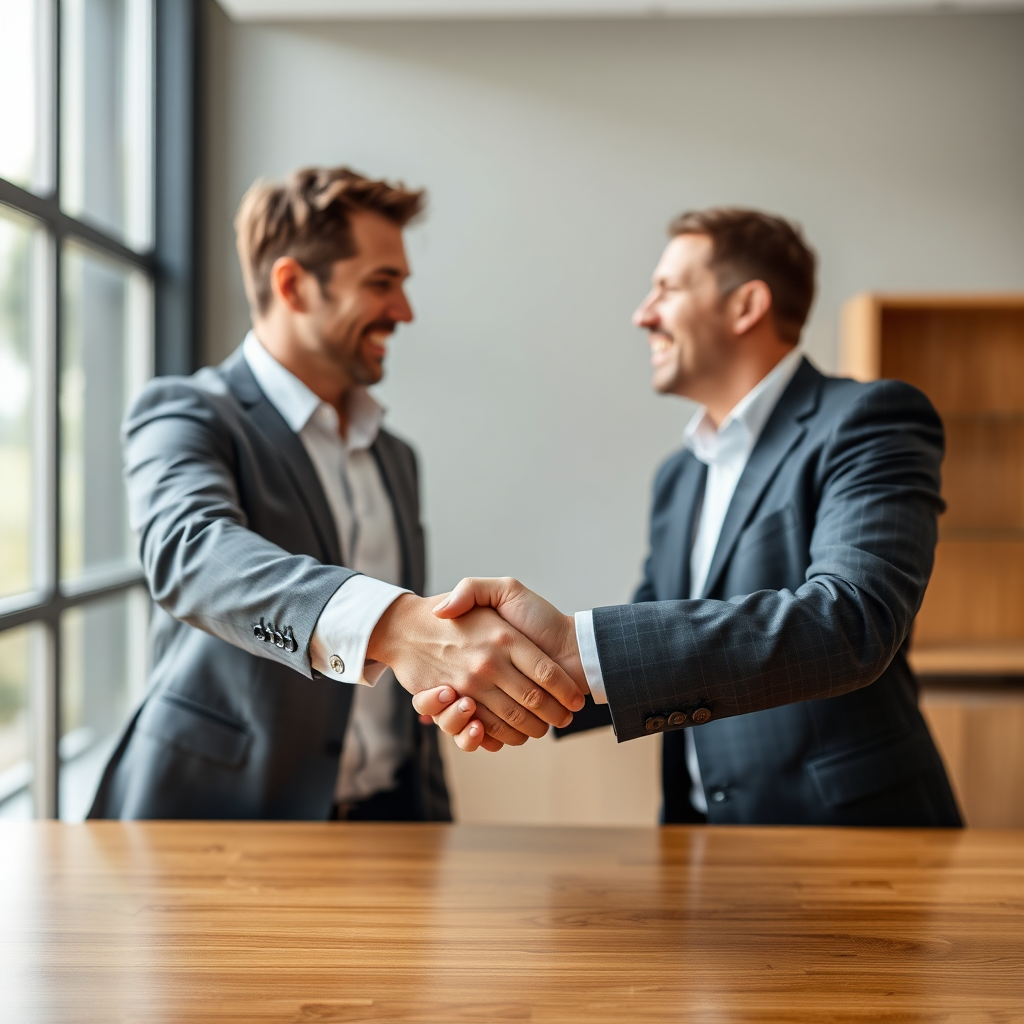 Create an image of a handshake between a buyer and a seller, symbolizing a successful property transaction. Style: Business photography.