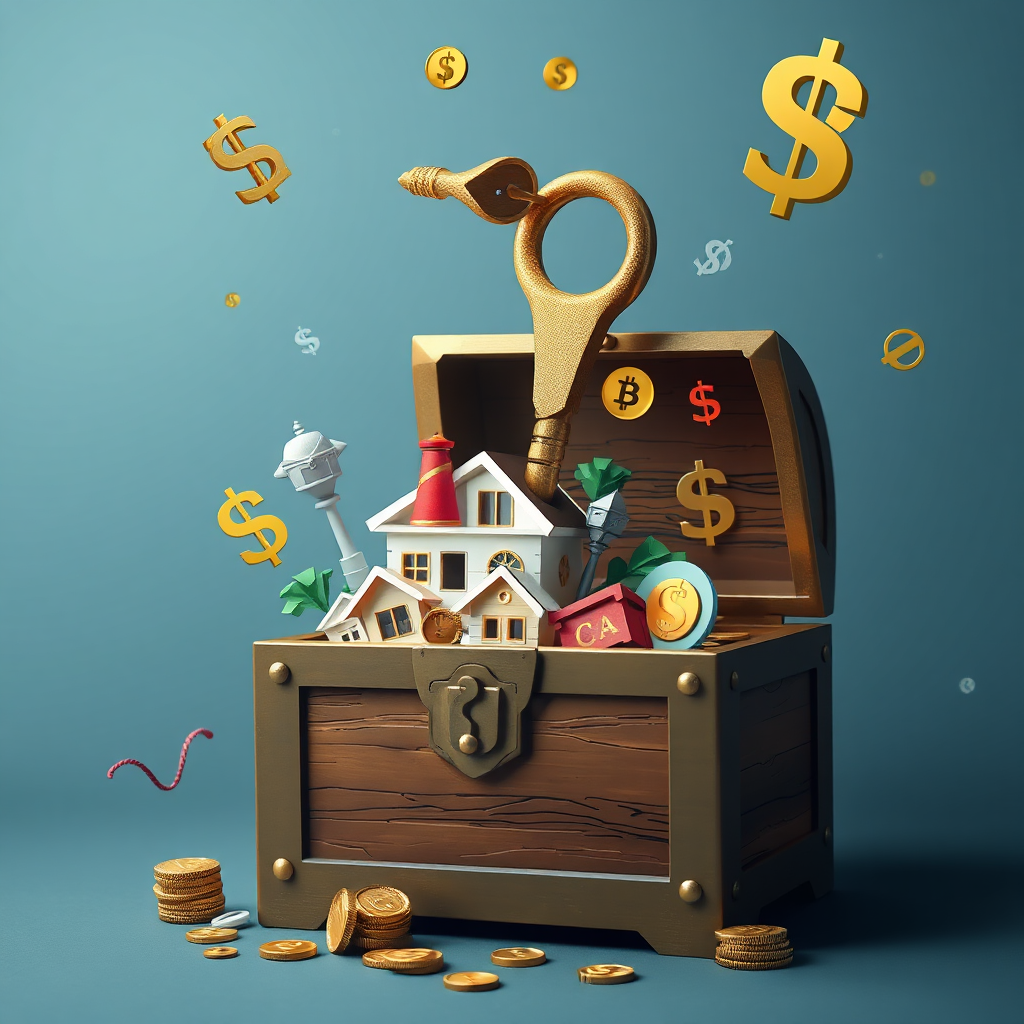 Create an image showcasing a key unlocking a treasure chest filled with real estate assets and financial symbols.
