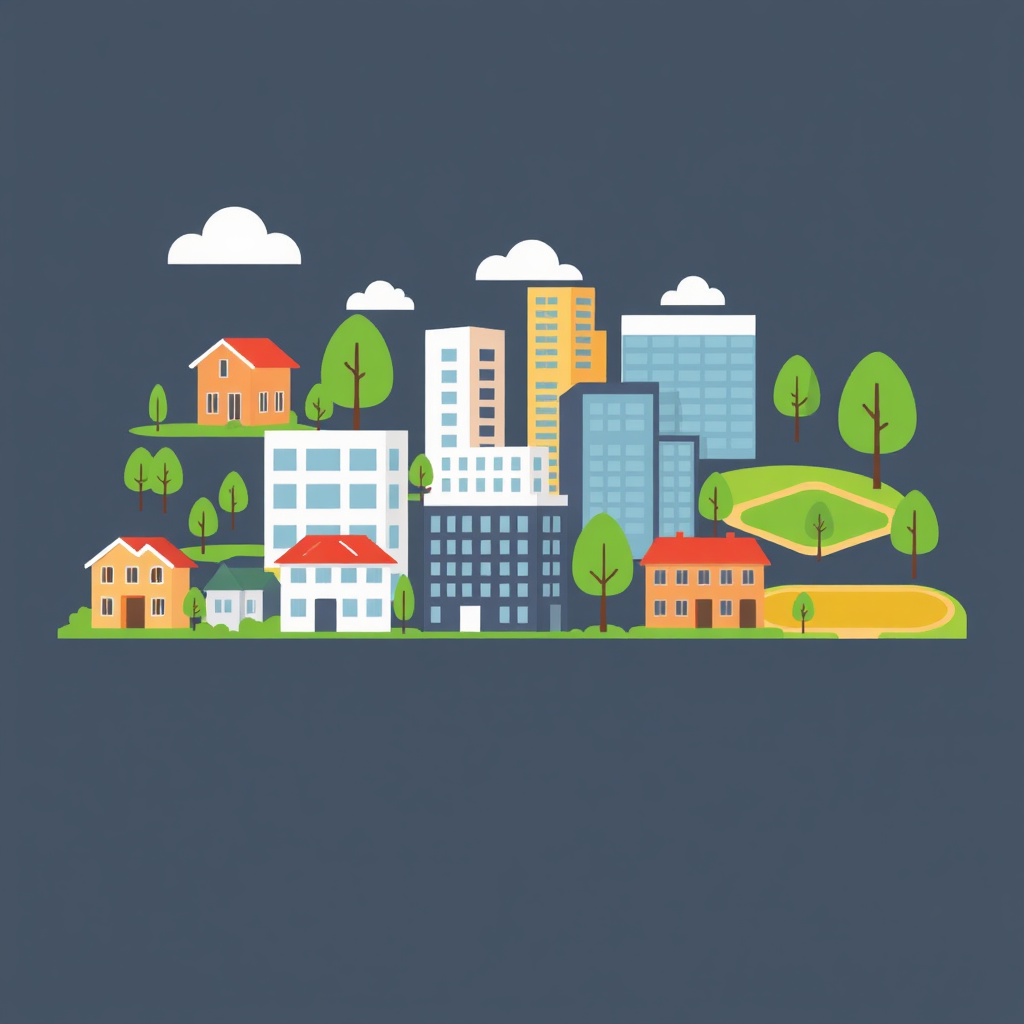 Create an image showing a diverse range of real estate assets, including residential properties, commercial buildings, and open plots, symbolizing a well-rounded investment portfolio.