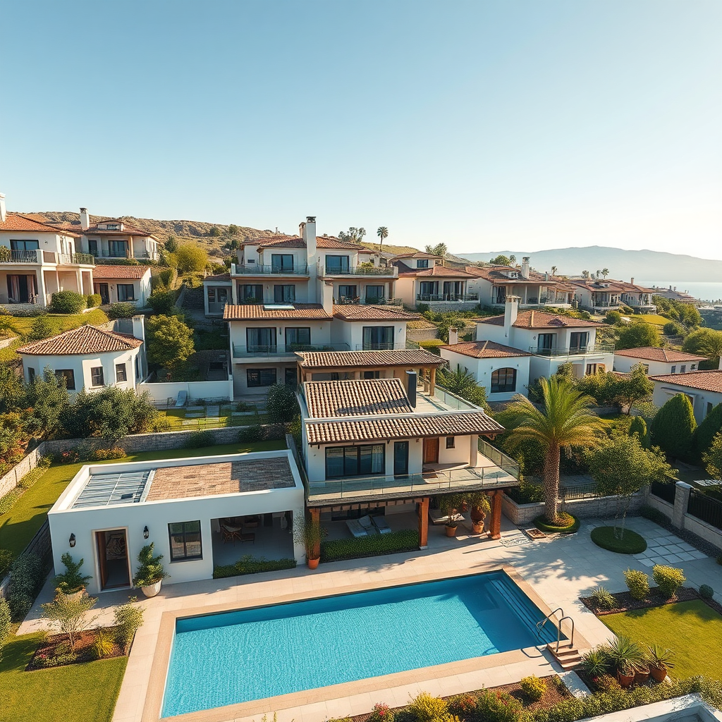 Create an ultra-high quality, photorealistic 8K resolution image depicting a diverse range of properties. The scene should showcase a blend of open plots with lush greenery, modern independent houses with architectural details, and elegant apartment complexes with balconies overlooking serene landscapes. In the foreground, feature a welcoming villa with a swimming pool. The lighting should be warm and inviting, suggesting a bright, sunny day. The color palette should consist of earthy tones, greens, and blues to convey a sense of nature and tranquility. Capture the scene from a slightly elevated angle to provide a comprehensive view of the properties. The environment should feel upscale and inviting, with subtle hints of family life. Add details such as well-manicured lawns, flowering gardens, and clear blue skies. Emphasize the textures of the buildings, from the smooth finish of the apartments to the rustic charm of the independent houses. Style reference: Architectural Digest, hyperrealistic rendering.