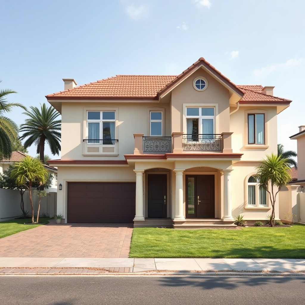 Create a photorealistic, ultra-high-quality header image. The scene should depict a diverse range of properties, seamlessly blended together. In the foreground, a modern apartment building overlooks a lush green agricultural land with a classic farmhouse, while in the background, a sleek commercial building stands tall, hinting at city life. The lighting should be warm and inviting, resembling the golden hour. The color palette should consist of earthy tones, vibrant greens, and sophisticated greys. The camera angle should be a wide shot, capturing the breadth of real estate possibilities. Texture details should be rich and realistic, showcasing the quality of the properties. The environment should be clean and well-maintained, projecting a sense of trust and reliability. Style references include architectural digest and high-end real estate photography. Technical specs: 8K resolution, hyperrealistic rendering.