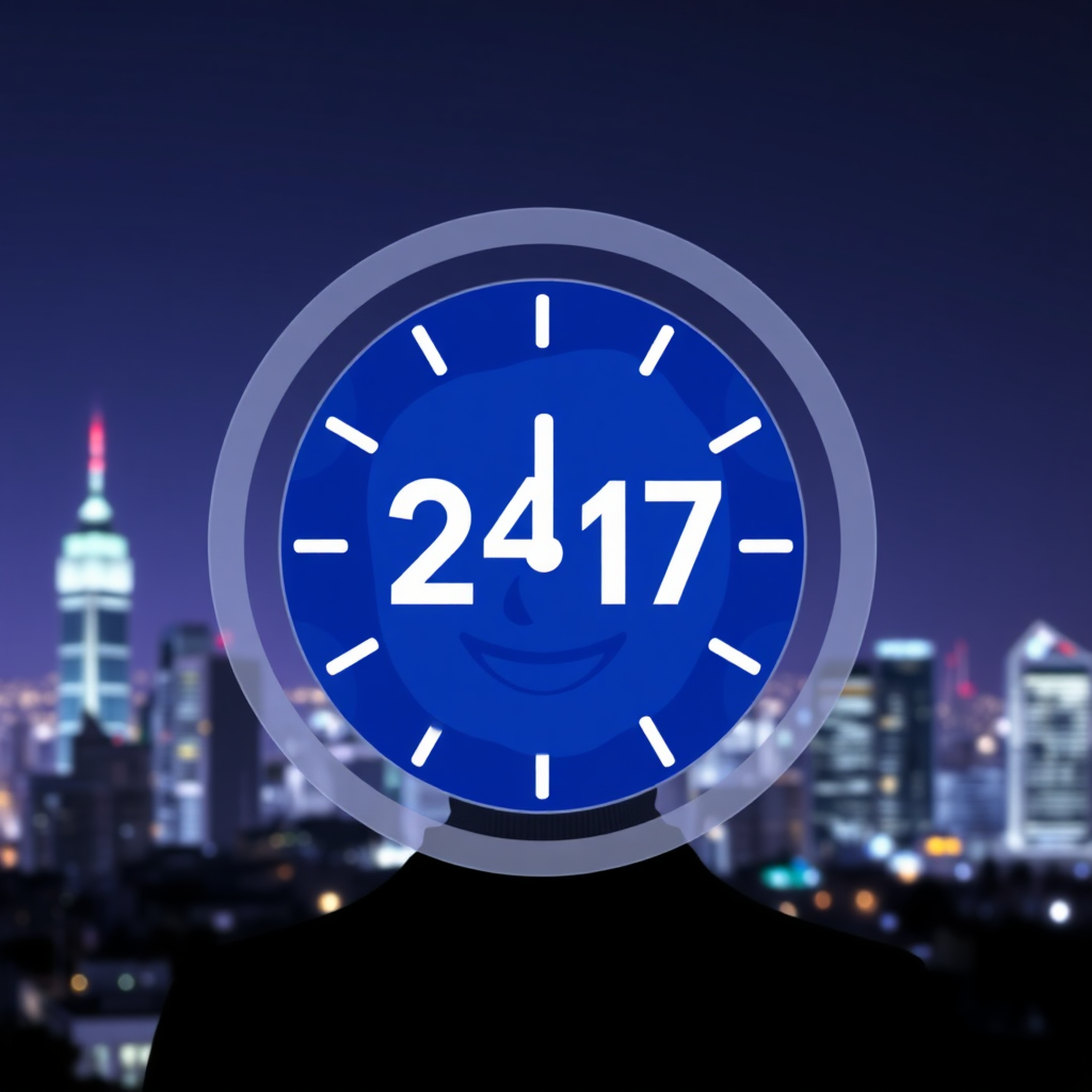 Depict a 24/7 clock icon superimposed over a friendly customer service representative with a headset. The background should be a subtly glowing cityscape at night. The color palette should be calming and reassuring, using blues and purples.